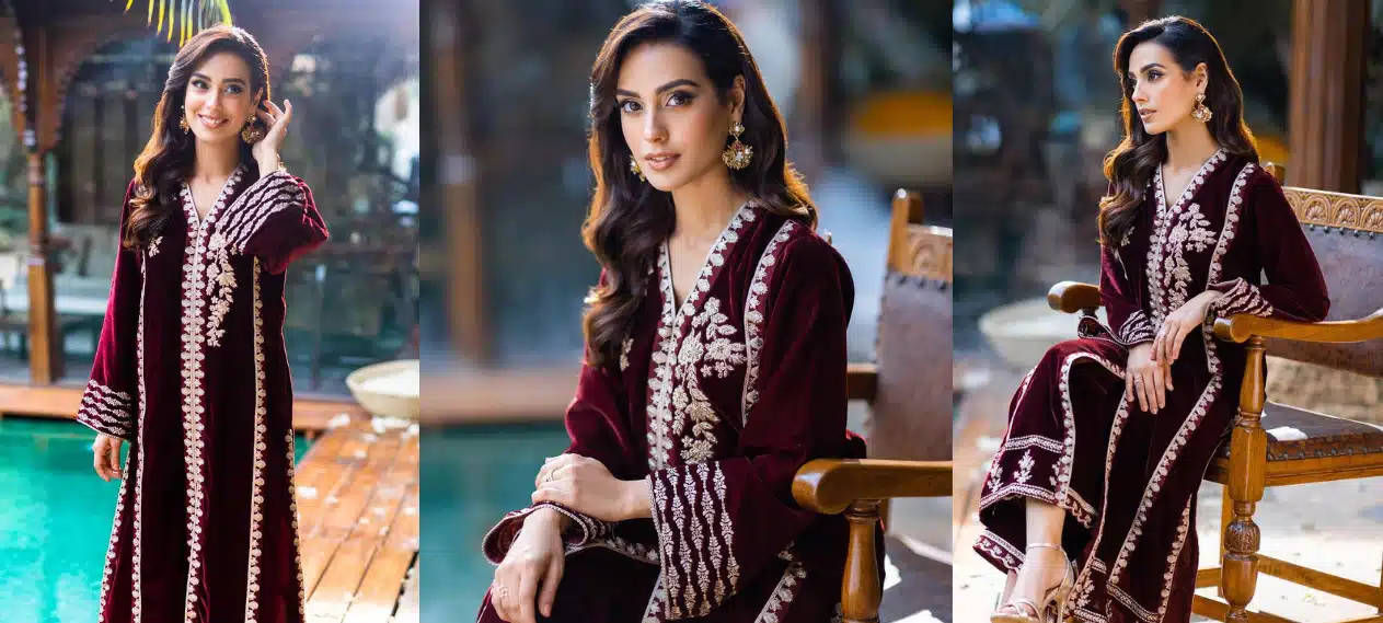 Iqra Aziz's Stunning Look in Classic Maroon Velvet Outfit