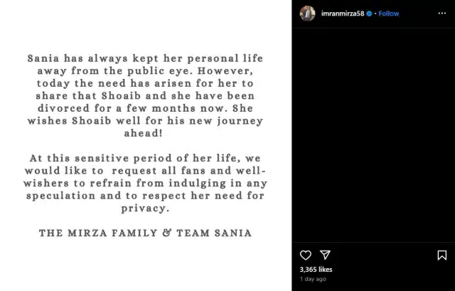 Sania Mirza Confirms Divorce: Official Statement with Shoaib Malik Breakup Details