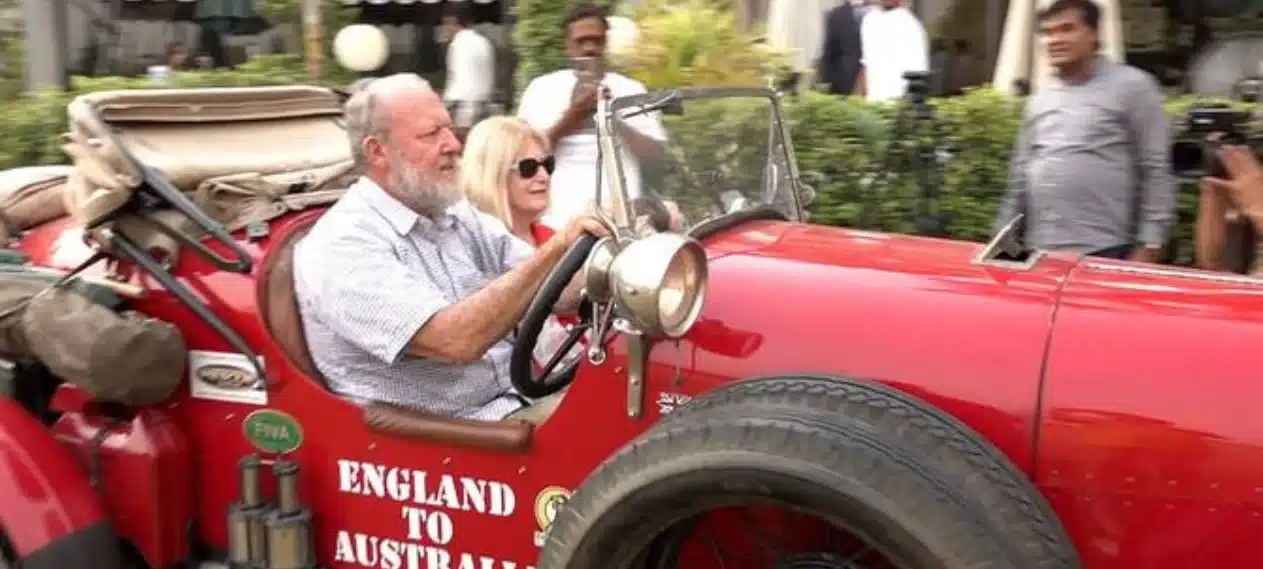 An Australian couple driving from London to Melbourne in a 102-year-old car has arrived in Pakistan