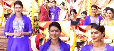 Priyanka Chopra Shines in Bold Blue at Durga Puja 2025