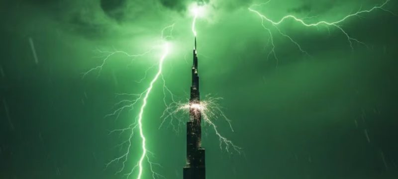 Lightning Hits Burj Khalifa During Rare Green Sky Storm
