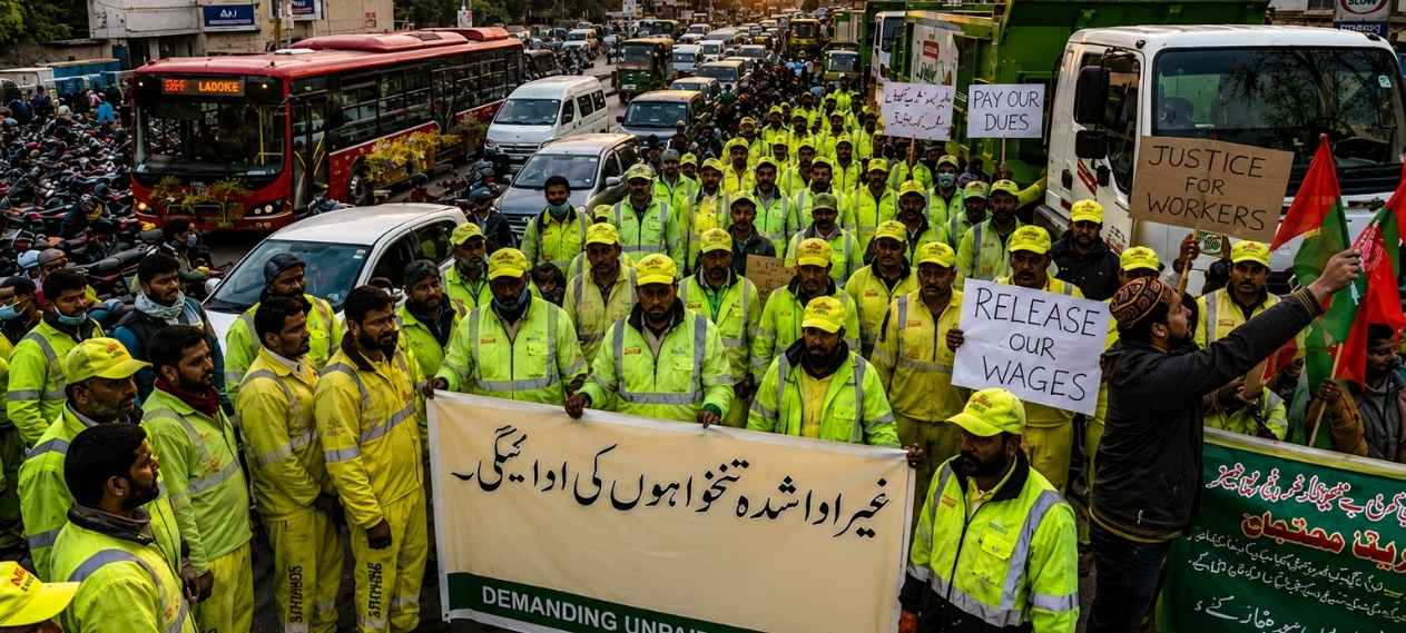 Traffic Chaos in Lahore as Suthra Punjab Workers Protest Over Unpaid Salaries and Dues